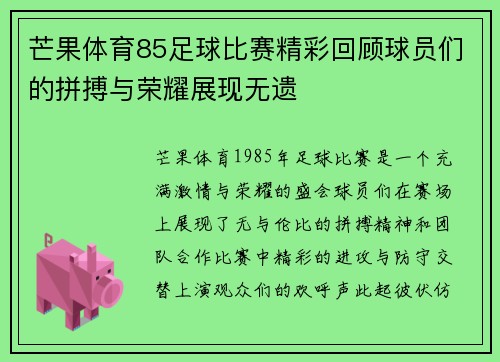 芒果体育85足球比赛精彩回顾球员们的拼搏与荣耀展现无遗